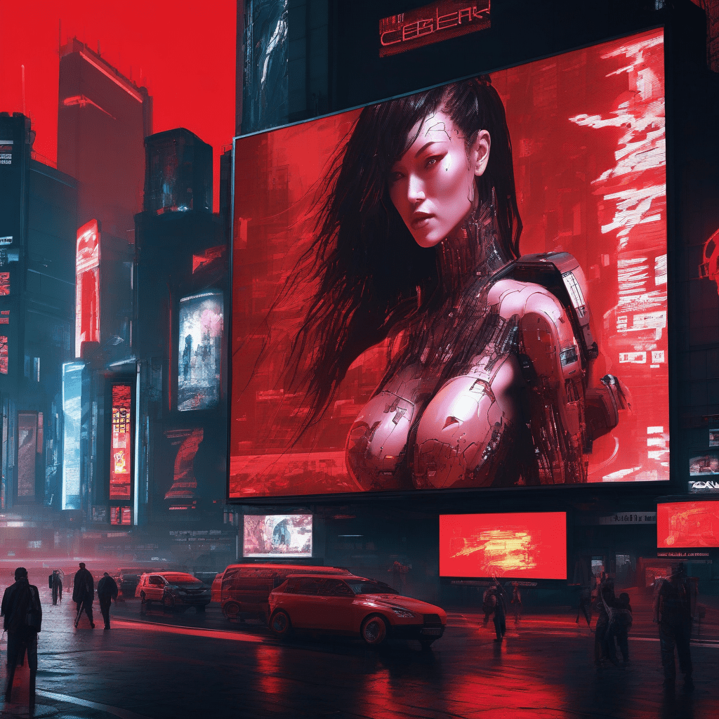 Cyberpunk billboard, some lass with mechanical tits.